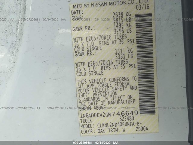 Photo 8 VIN: 1N6AD0EV2GN746649 - NISSAN FRONTIER 