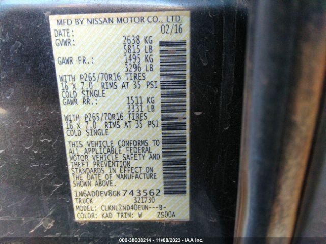 Photo 8 VIN: 1N6AD0EV8GN743562 - NISSAN FRONTIER 