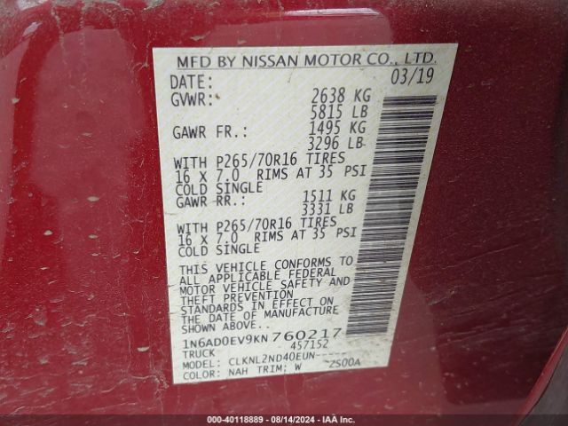 Photo 8 VIN: 1N6AD0EV9KN760217 - NISSAN FRONTIER 