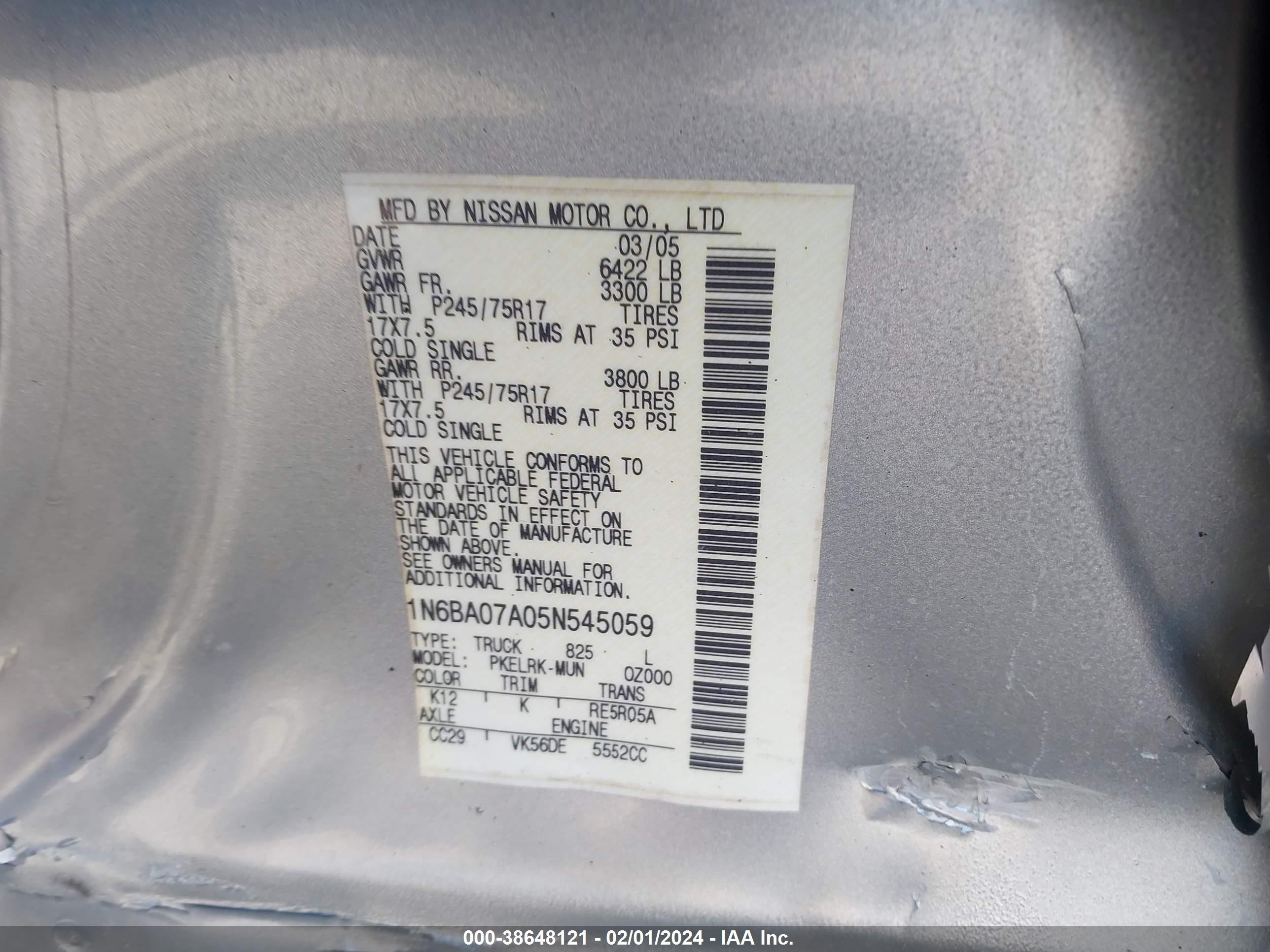 Photo 8 VIN: 1N6BA07A05N545059 - NISSAN TITAN 