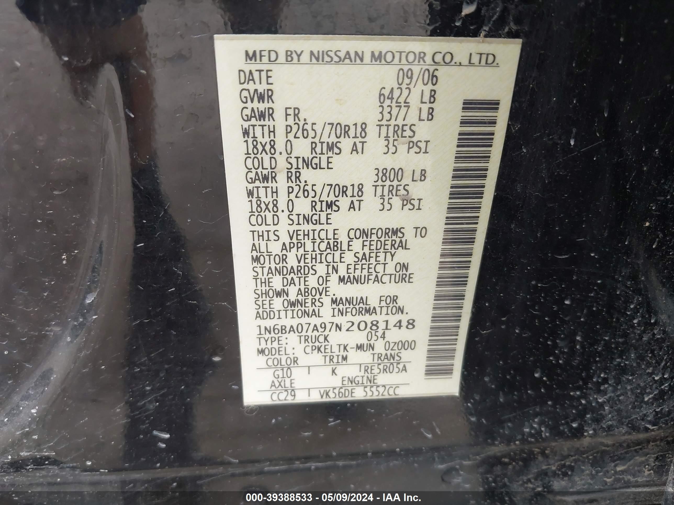 Photo 8 VIN: 1N6BA07A97N208148 - NISSAN TITAN 