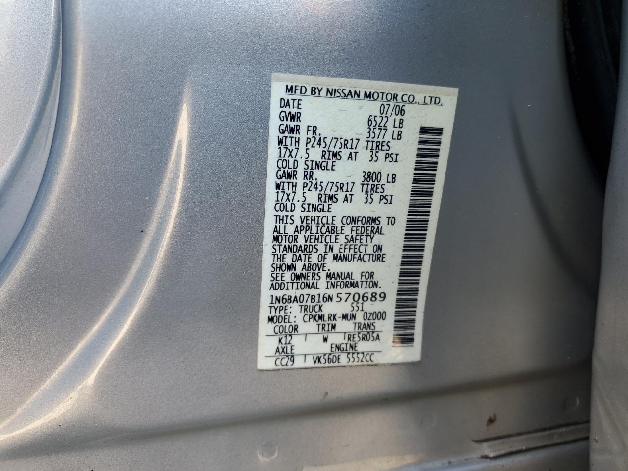 Photo 11 VIN: 1N6BA07B16N570689 - NISSAN TITAN 