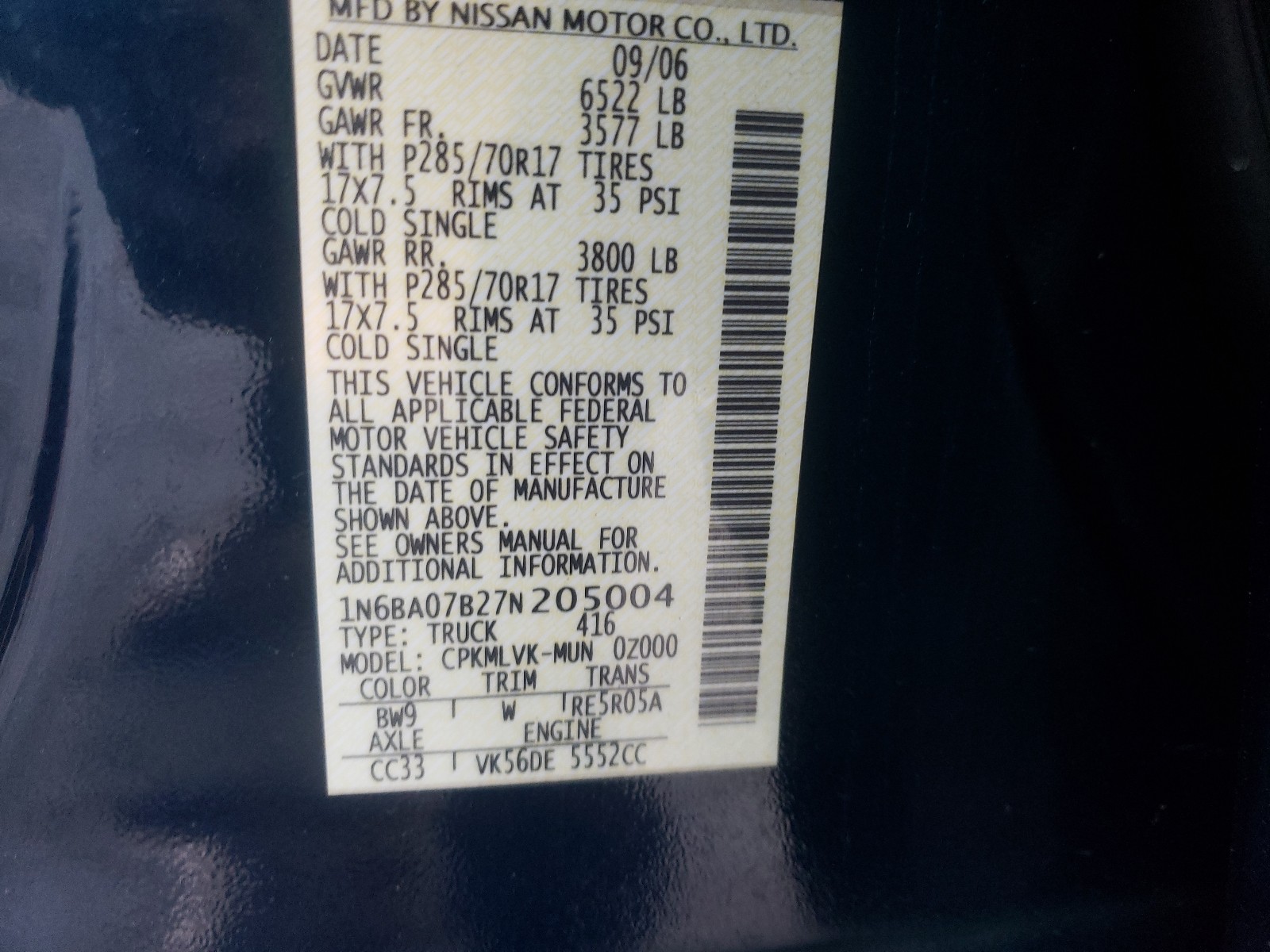 Photo 9 VIN: 1N6BA07B27N205004 - NISSAN TITAN XE 