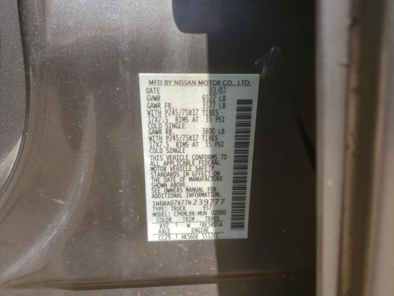 Photo 11 VIN: 1N6BA07B77N239777 - NISSAN TITAN 