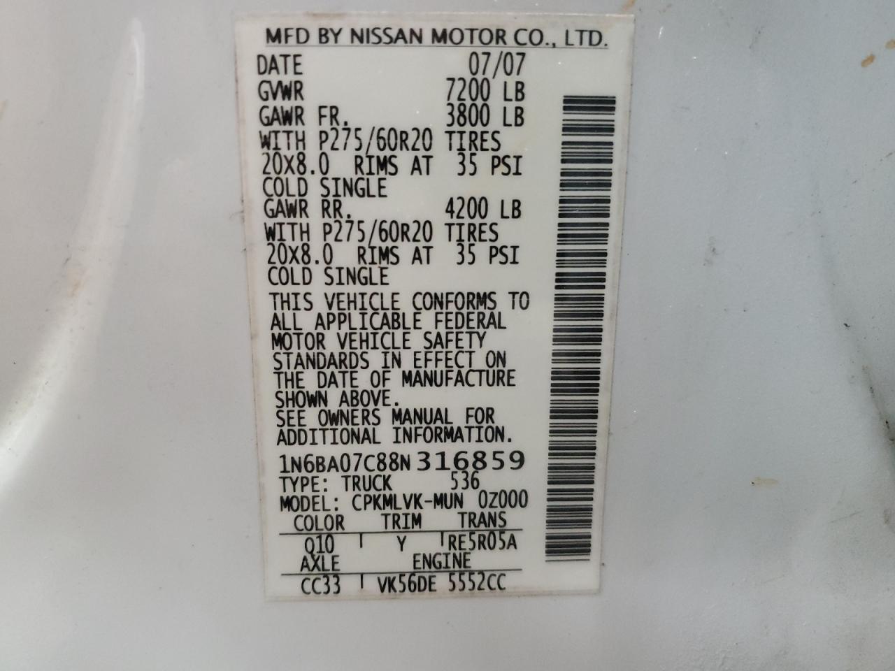 Photo 11 VIN: 1N6BA07C88N316859 - NISSAN TITAN 