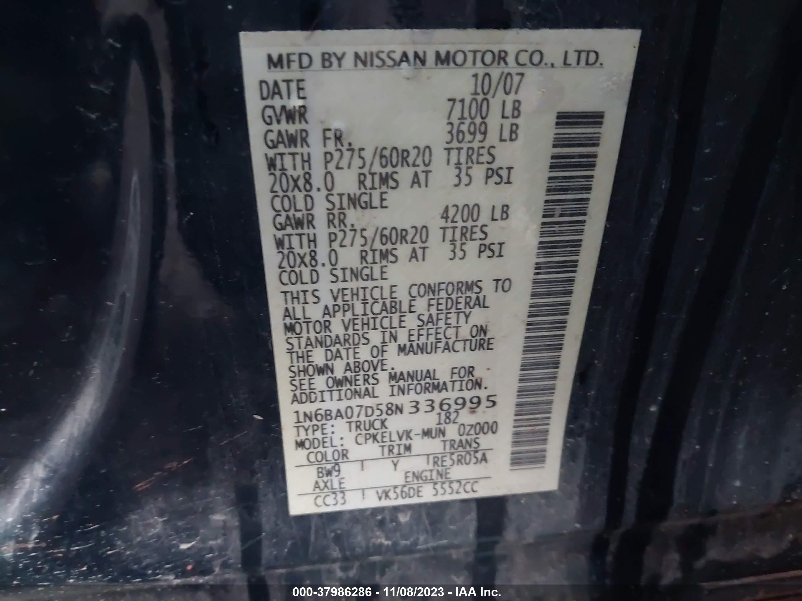 Photo 8 VIN: 1N6BA07D58N336995 - NISSAN TITAN 