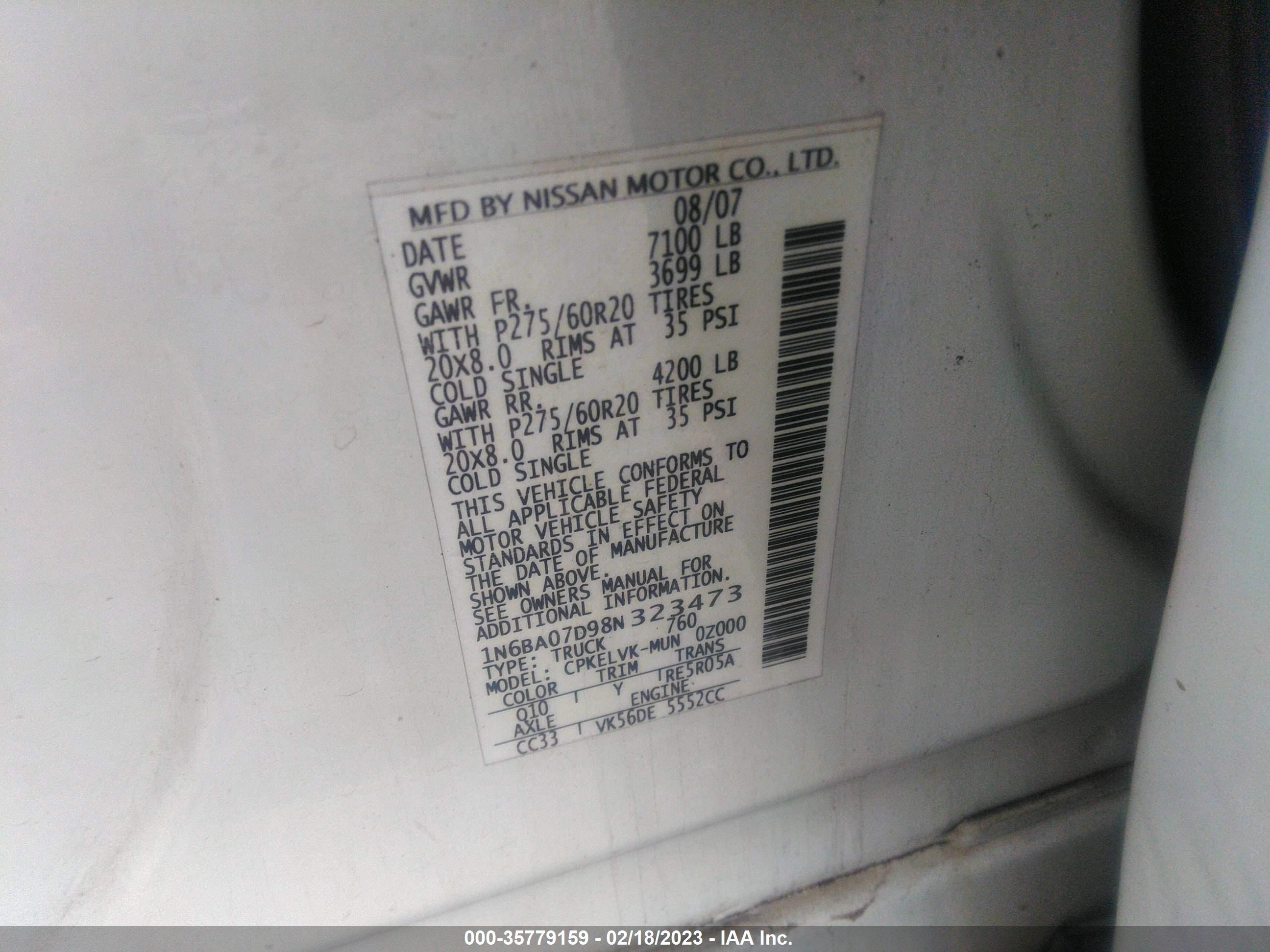 Photo 8 VIN: 1N6BA07D98N323473 - NISSAN TITAN 