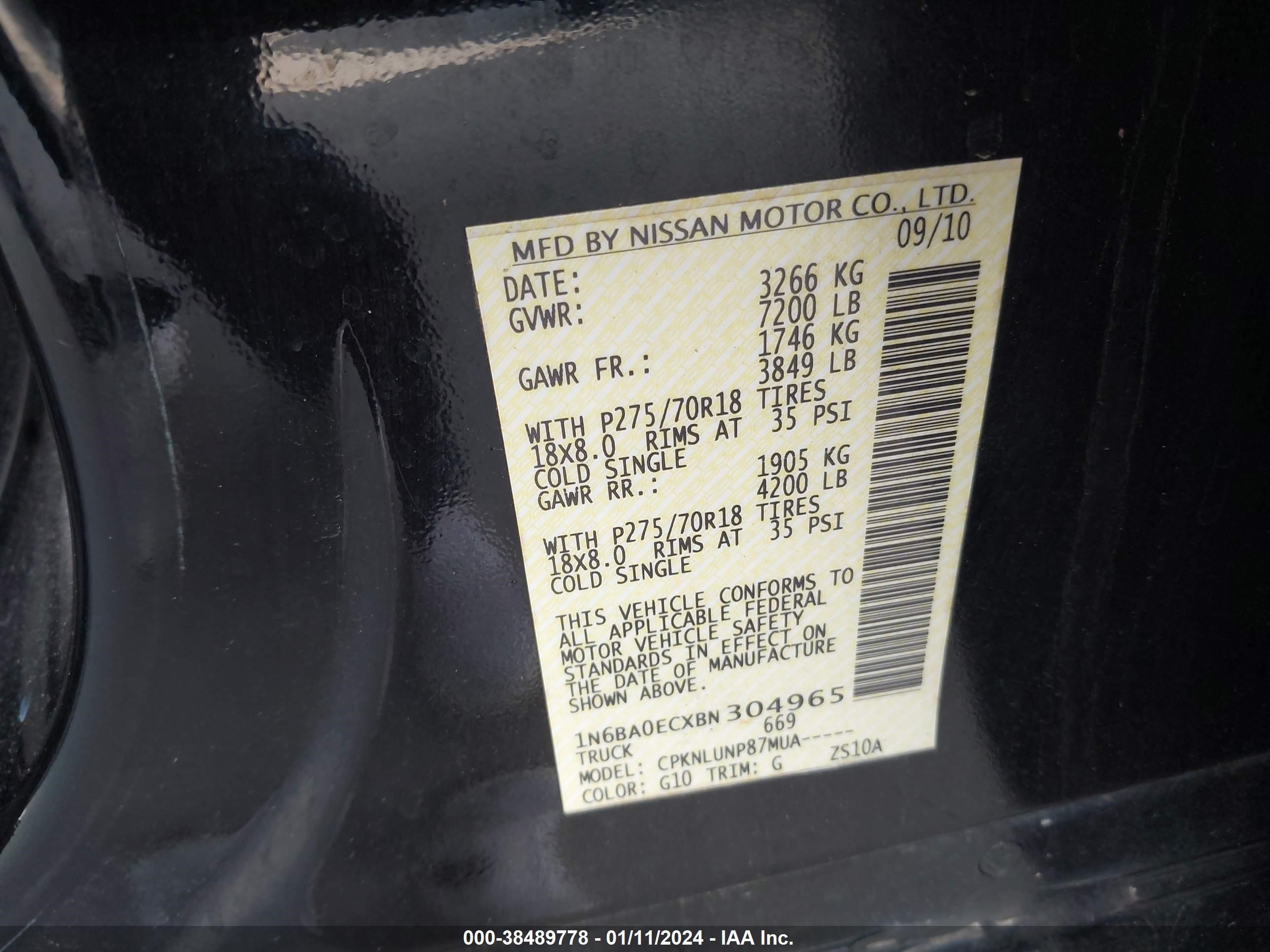 Photo 8 VIN: 1N6BA0ECXBN304965 - NISSAN TITAN 