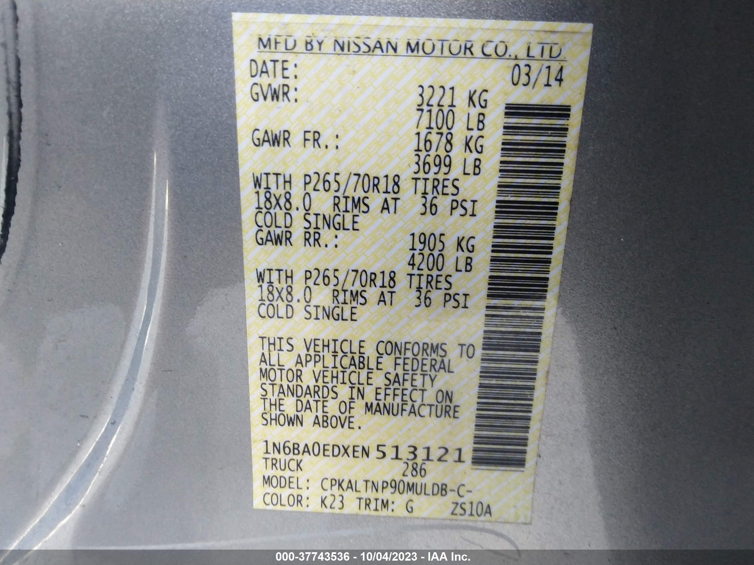 Photo 8 VIN: 1N6BA0EDXEN513121 - NISSAN TITAN 