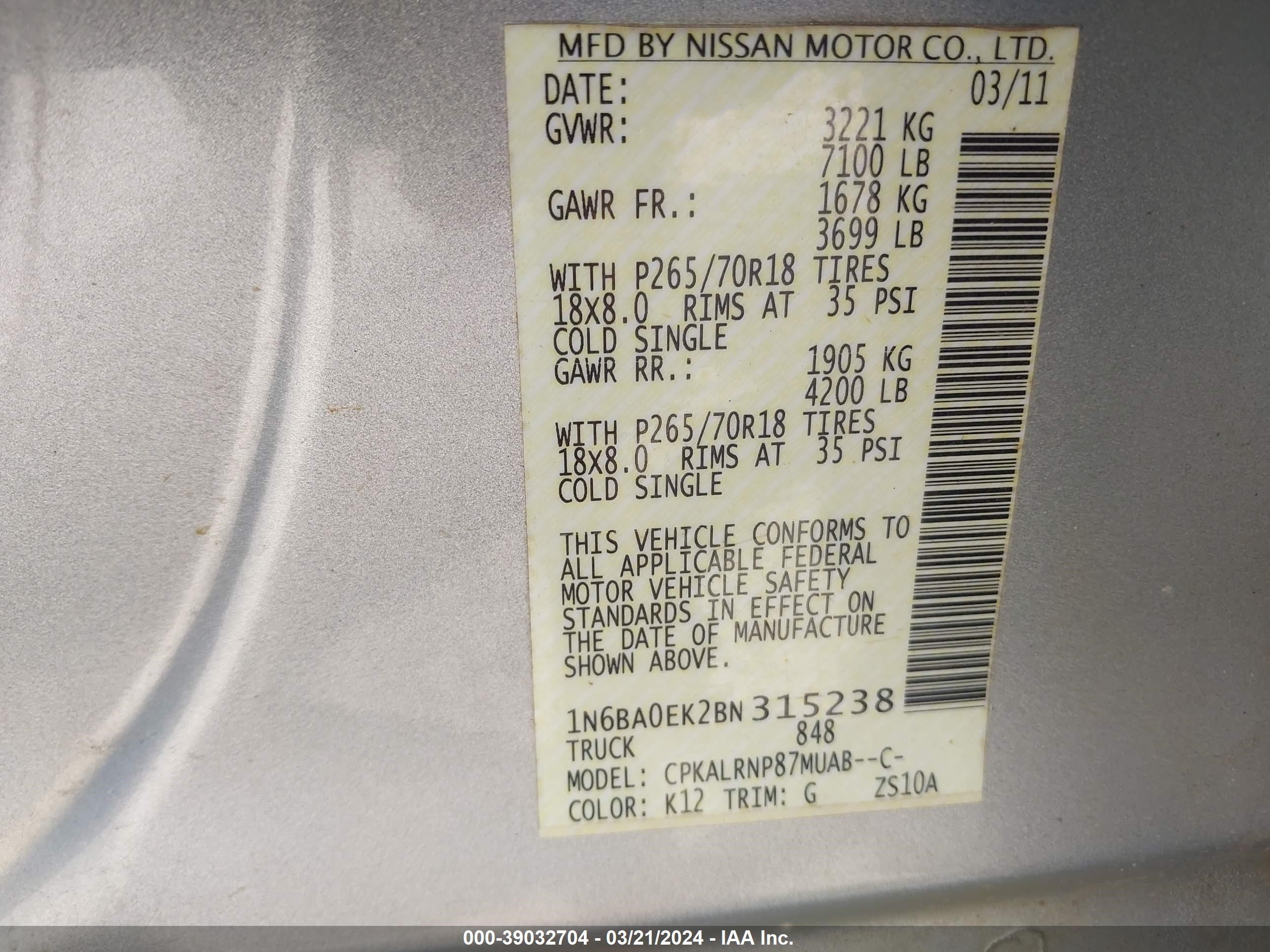 Photo 8 VIN: 1N6BA0EK2BN315238 - NISSAN TITAN 