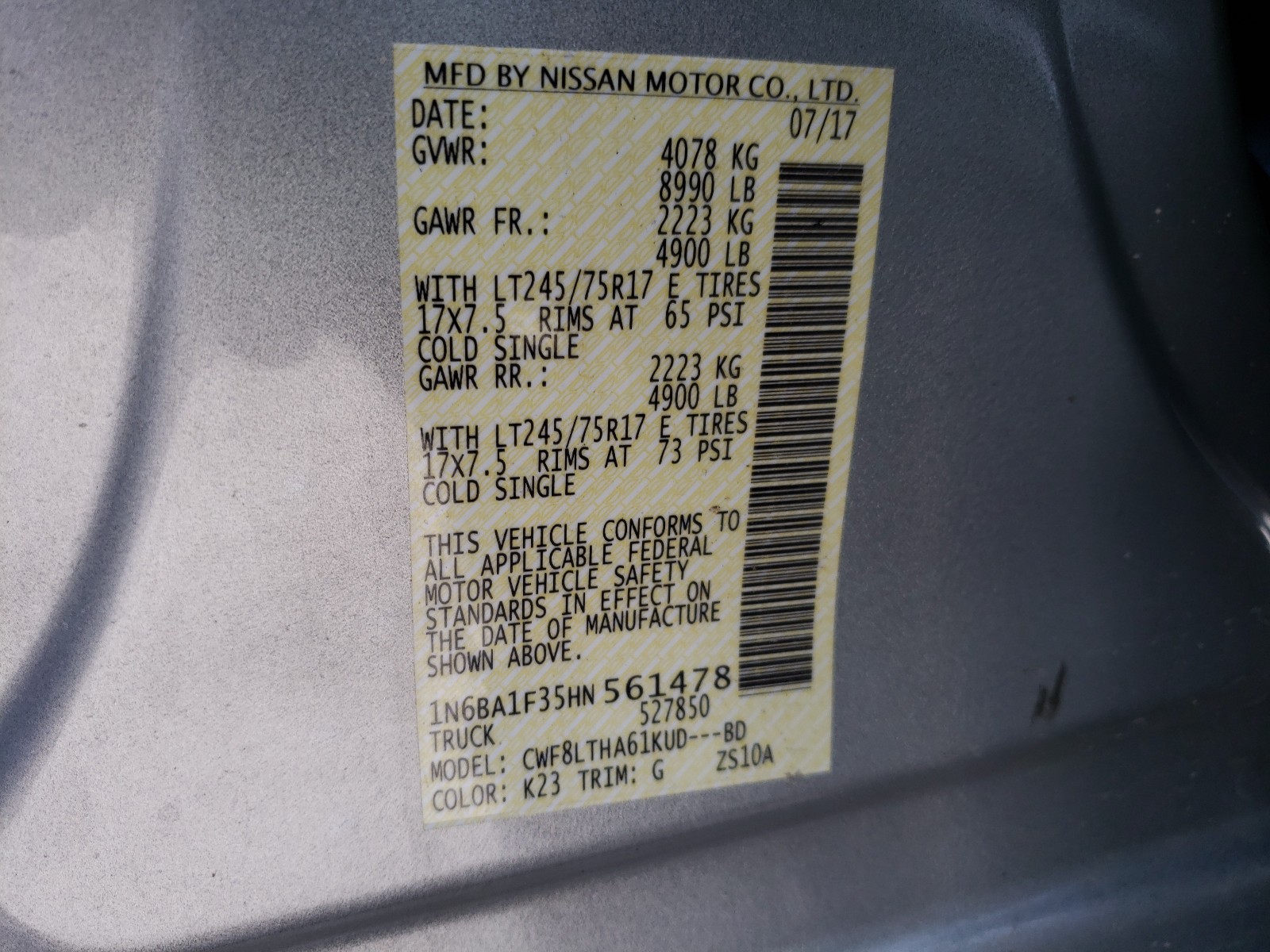 Photo 9 VIN: 1N6BA1F35HN561478 - NISSAN TITAN XD S 