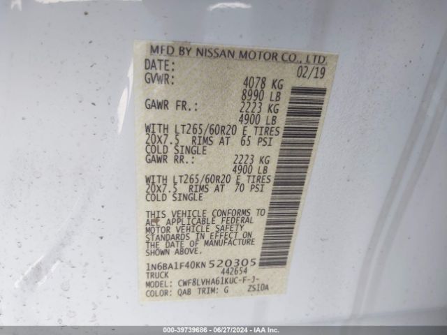 Photo 8 VIN: 1N6BA1F40KN520305 - NISSAN TITAN 