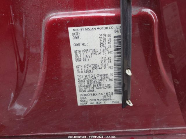 Photo 8 VIN: 1N6DD0FR8KN747828 - NISSAN FRONTIER 