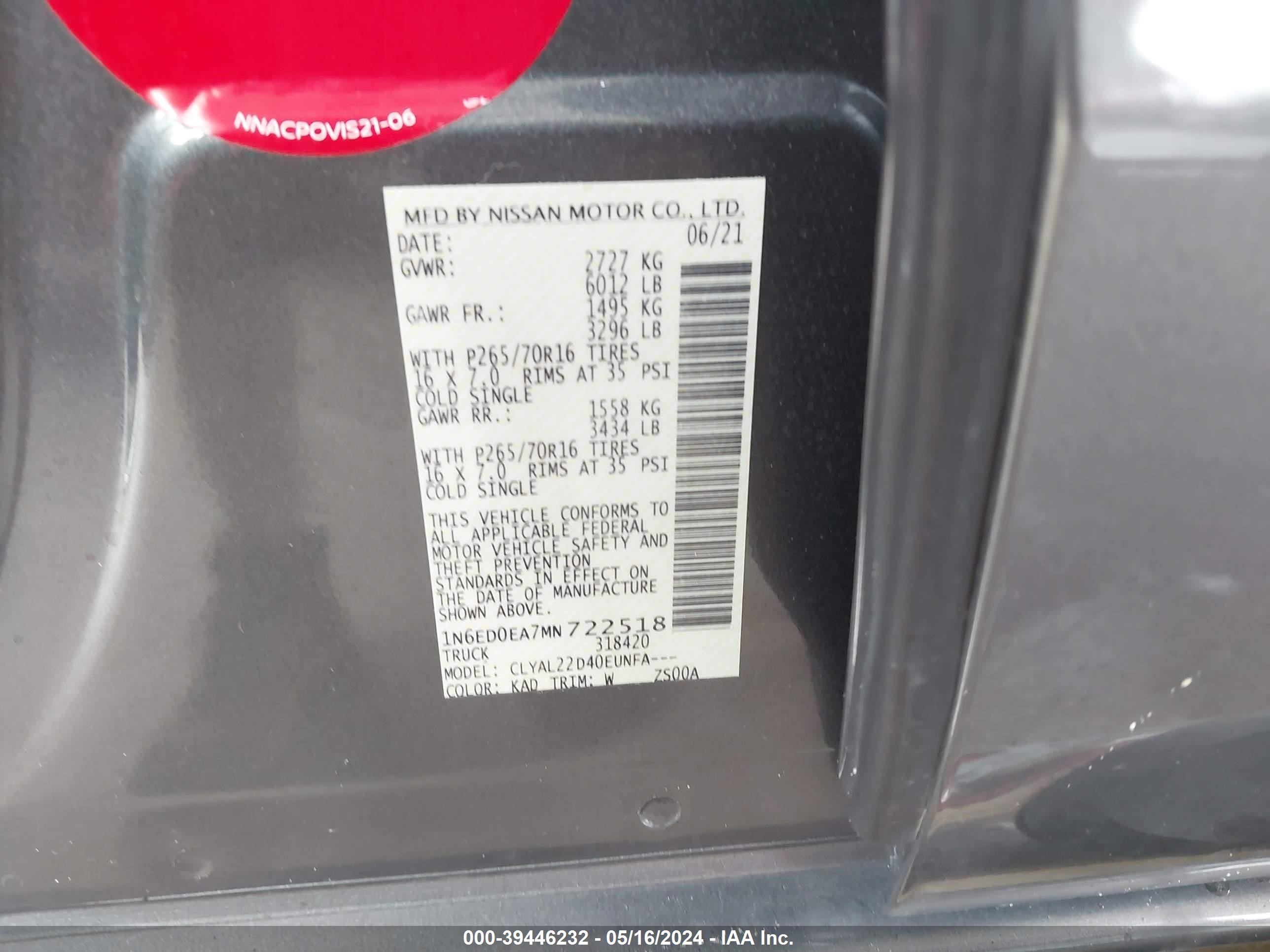 Photo 8 VIN: 1N6ED0EA7MN722518 - NISSAN NAVARA (FRONTIER) 