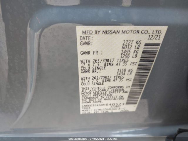 Photo 8 VIN: 1N6ED1EK6NN640523 - NISSAN FRONTIER 