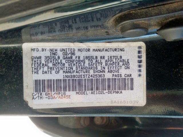 Photo 9 VIN: 1NXBB02E5TZ425363 - TOYOTA COROLLA DX 