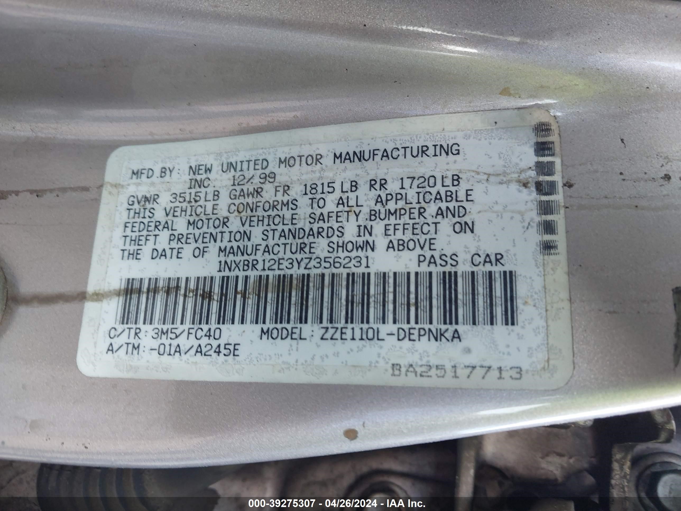 Photo 8 VIN: 1NXBR12E3YZ356231 - TOYOTA COROLLA 