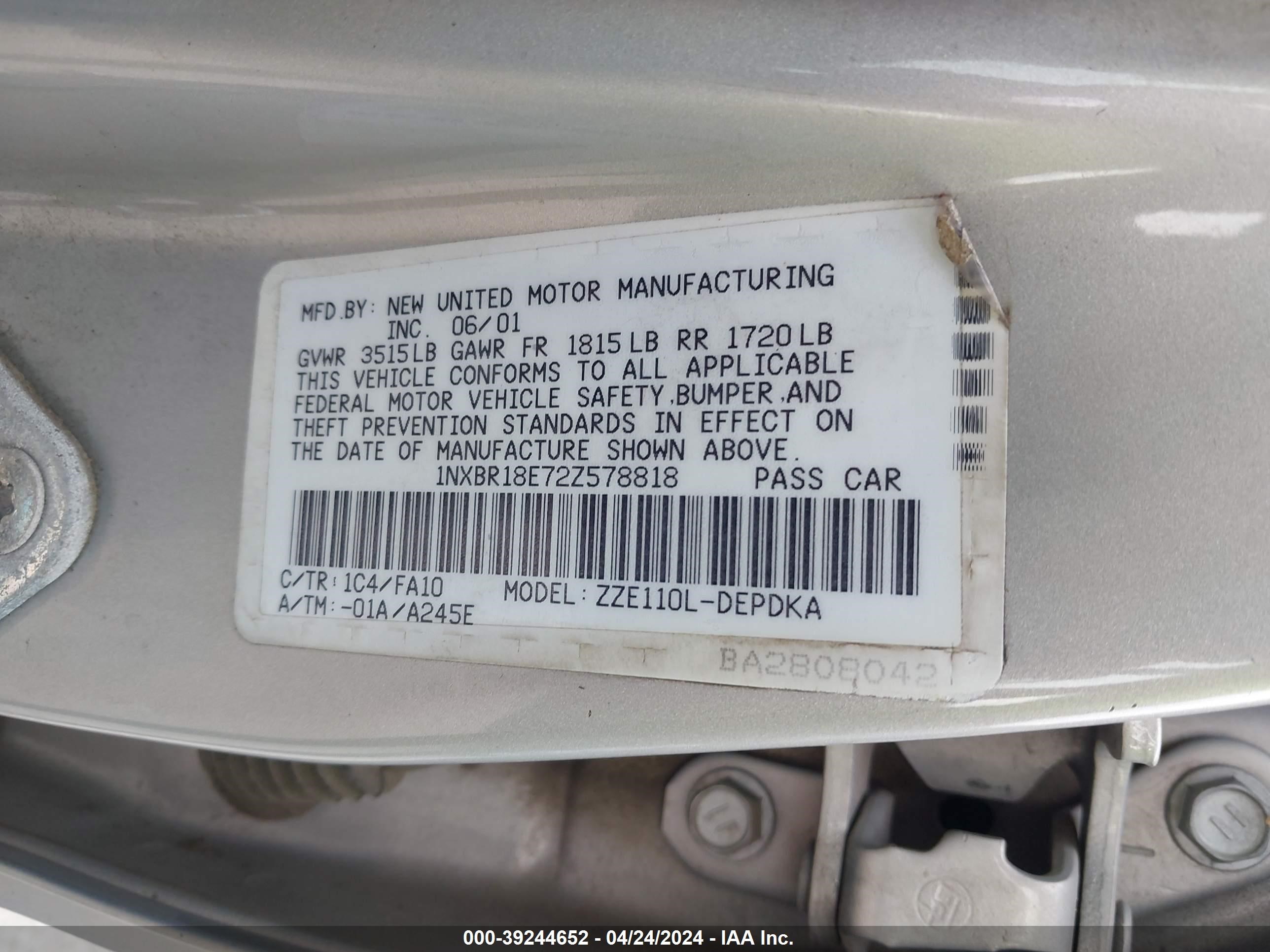 Photo 8 VIN: 1NXBR18E72Z578818 - TOYOTA COROLLA 