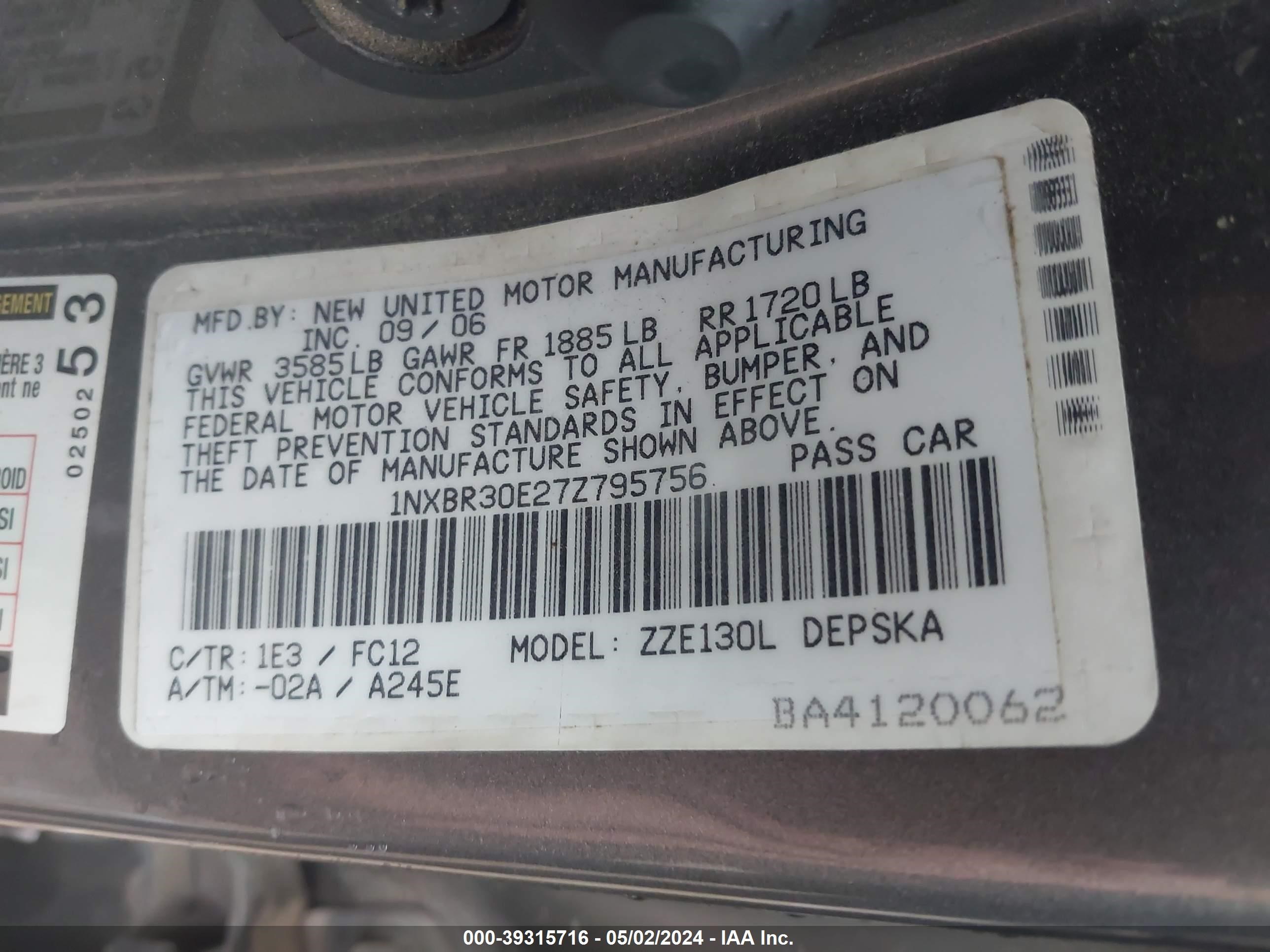 Photo 8 VIN: 1NXBR30E27Z795756 - TOYOTA COROLLA 