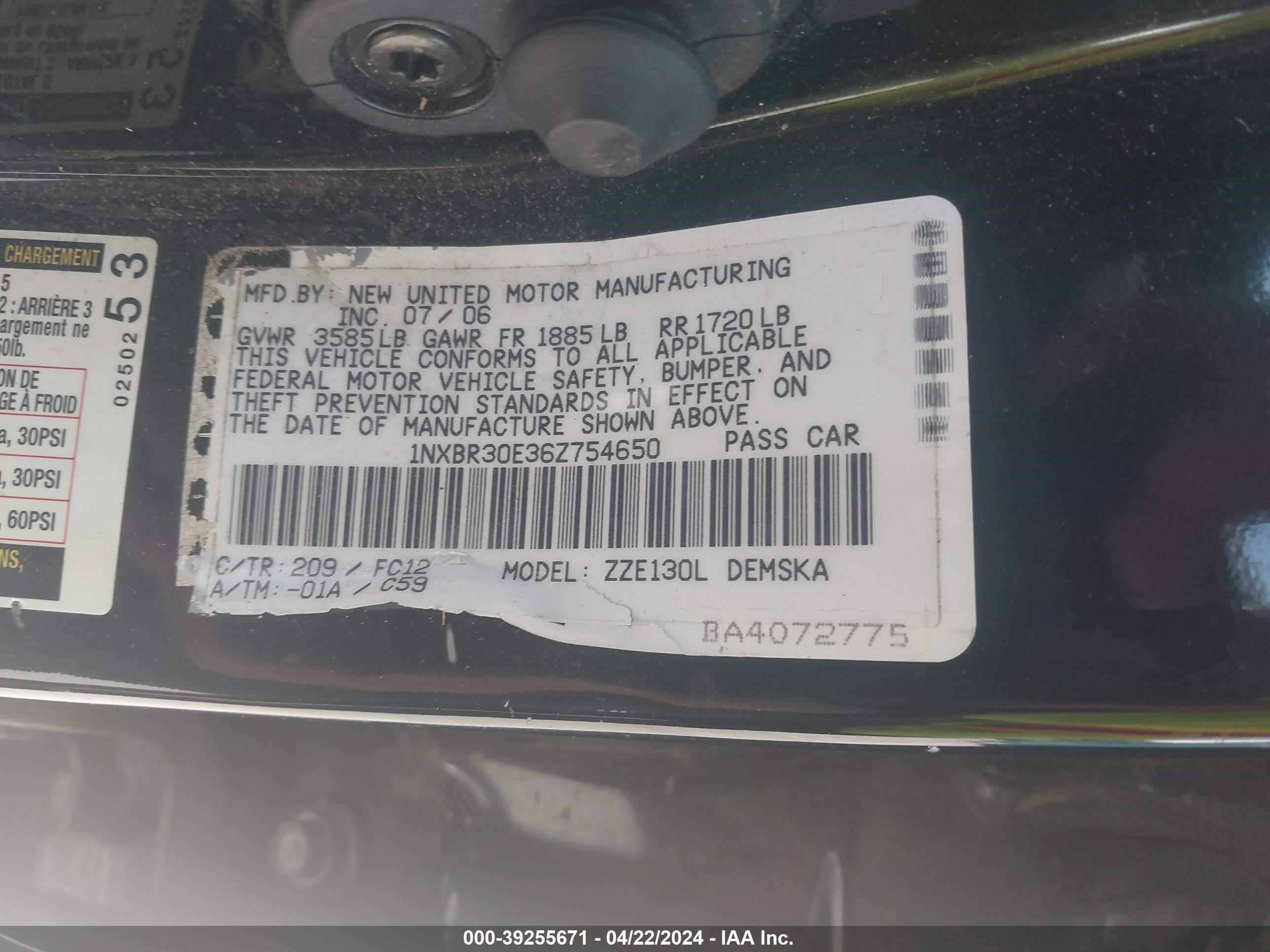 Photo 8 VIN: 1NXBR30E36Z754650 - TOYOTA COROLLA 