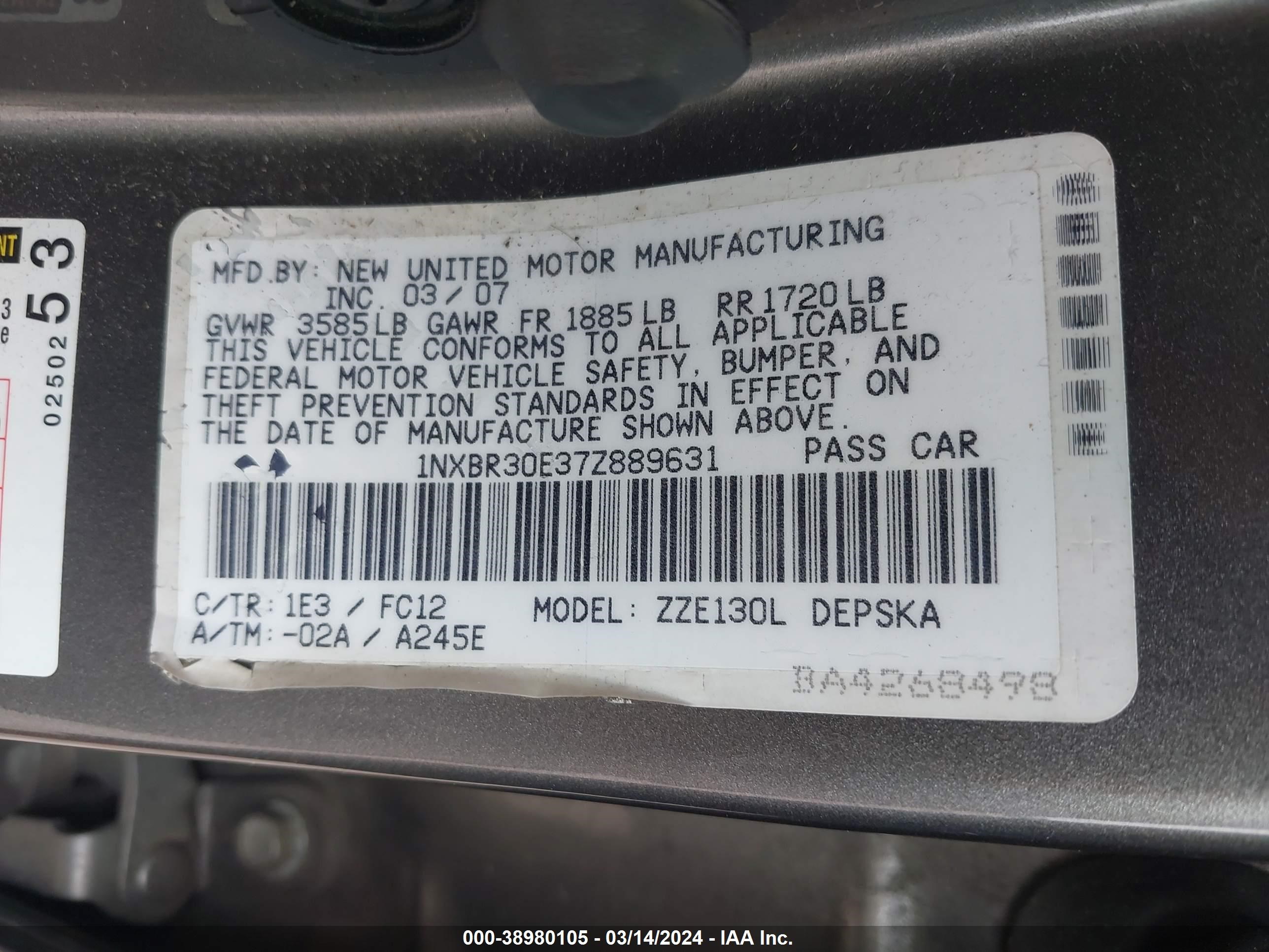 Photo 8 VIN: 1NXBR30E37Z889631 - TOYOTA COROLLA 