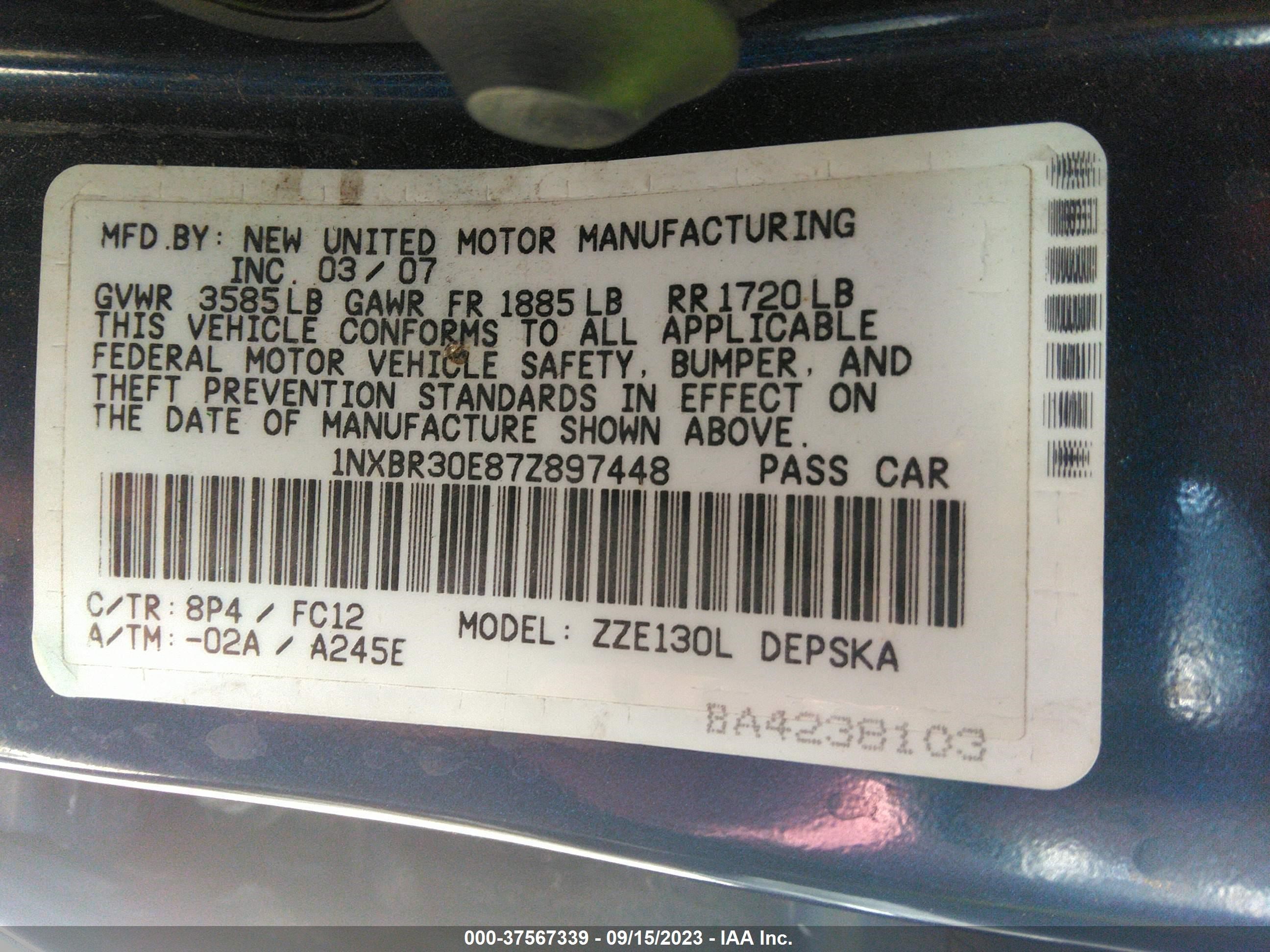 Photo 8 VIN: 1NXBR30E87Z897448 - TOYOTA COROLLA 