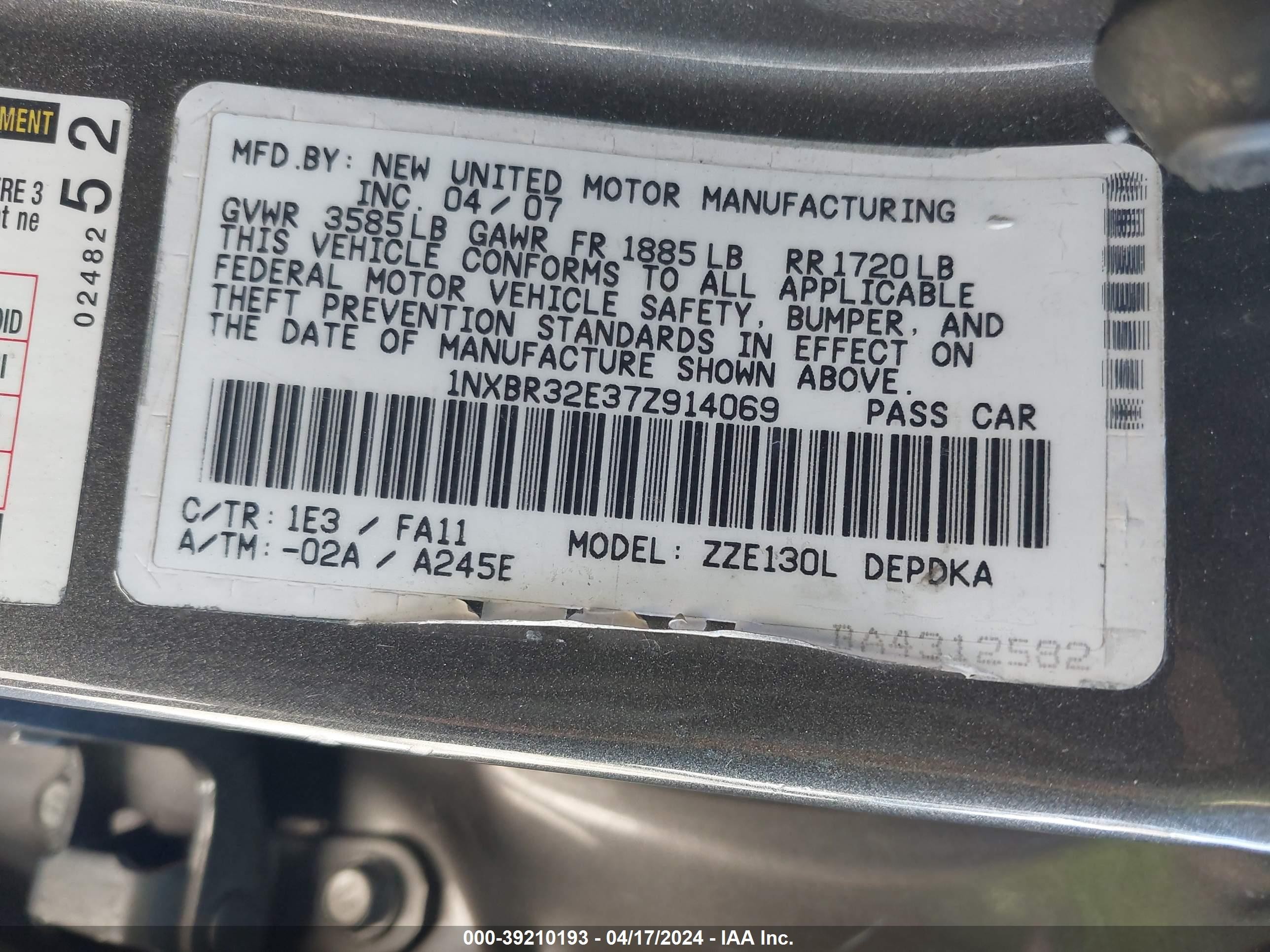 Photo 8 VIN: 1NXBR32E37Z914069 - TOYOTA COROLLA 