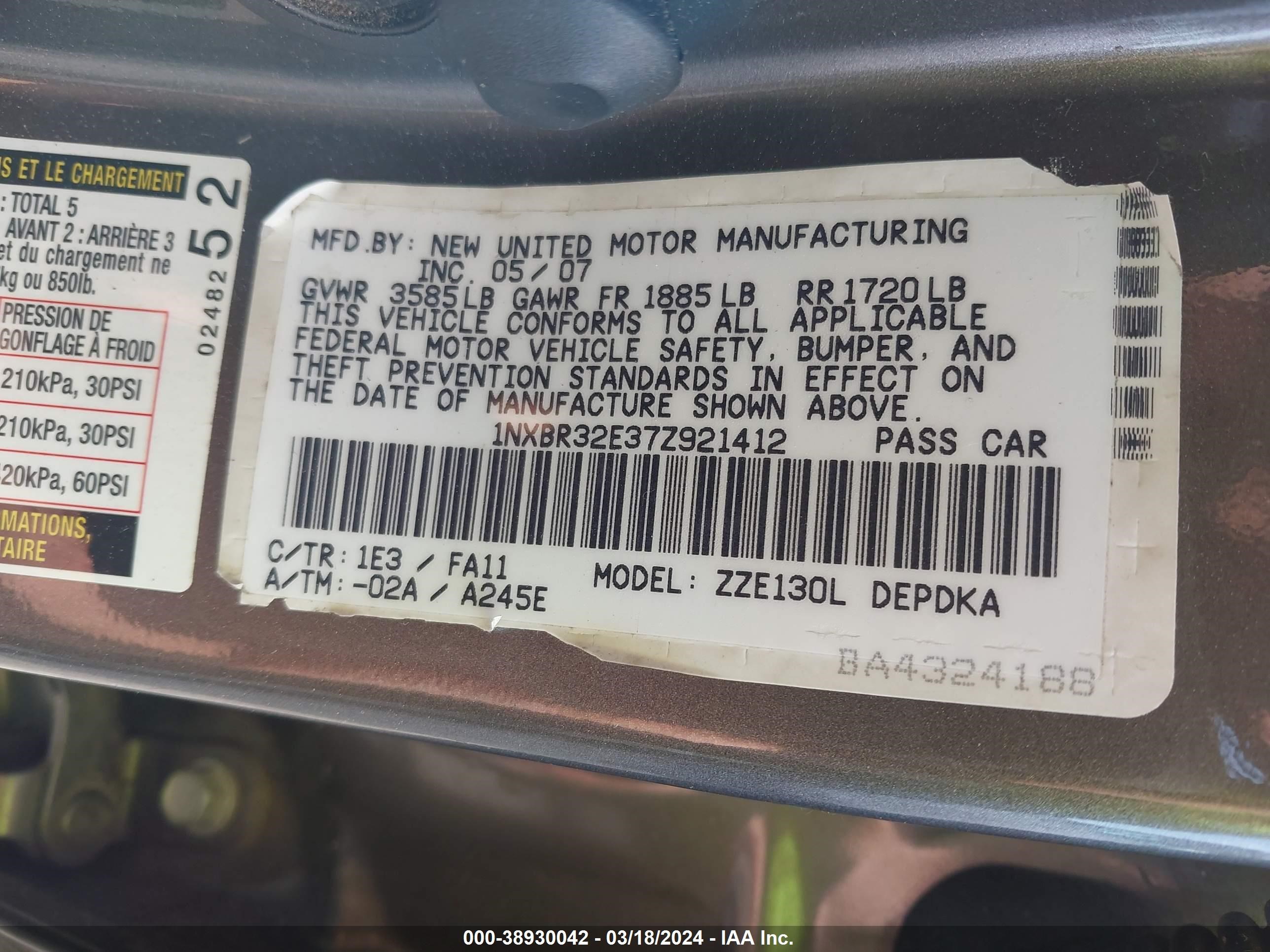 Photo 8 VIN: 1NXBR32E37Z921412 - TOYOTA COROLLA 