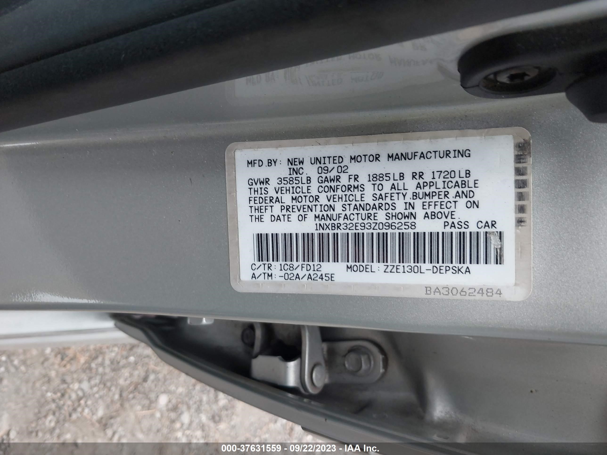 Photo 8 VIN: 1NXBR32E93Z096258 - TOYOTA COROLLA 