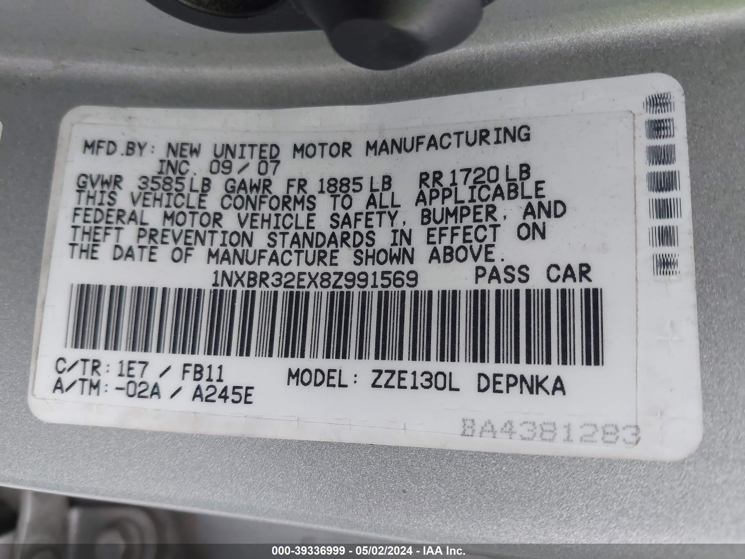 Photo 8 VIN: 1NXBR32EX8Z991569 - TOYOTA COROLLA 