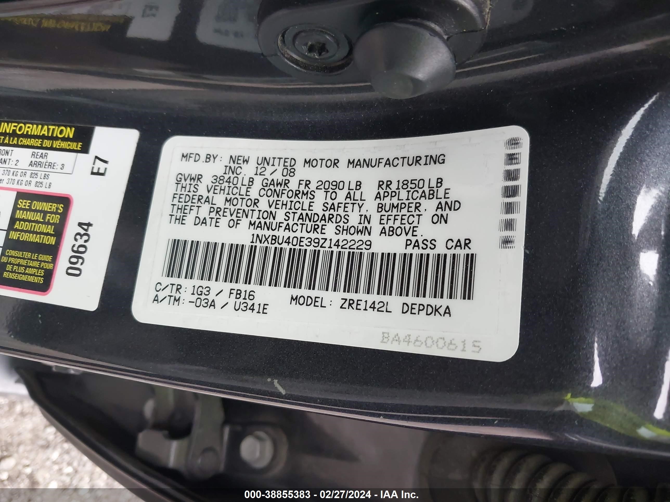 Photo 8 VIN: 1NXBU40E39Z142229 - TOYOTA COROLLA 