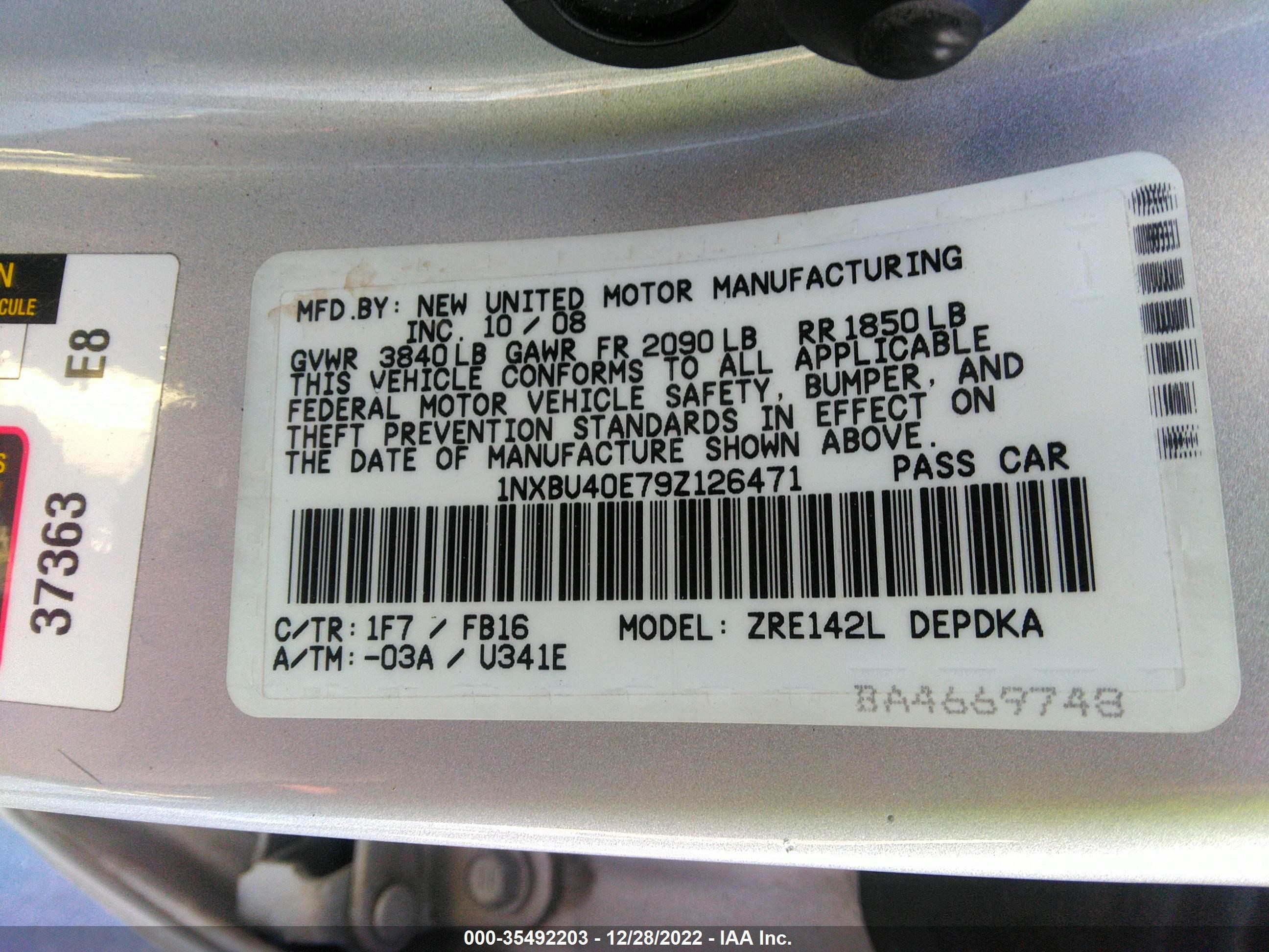 Photo 8 VIN: 1NXBU40E79Z126471 - TOYOTA COROLLA 