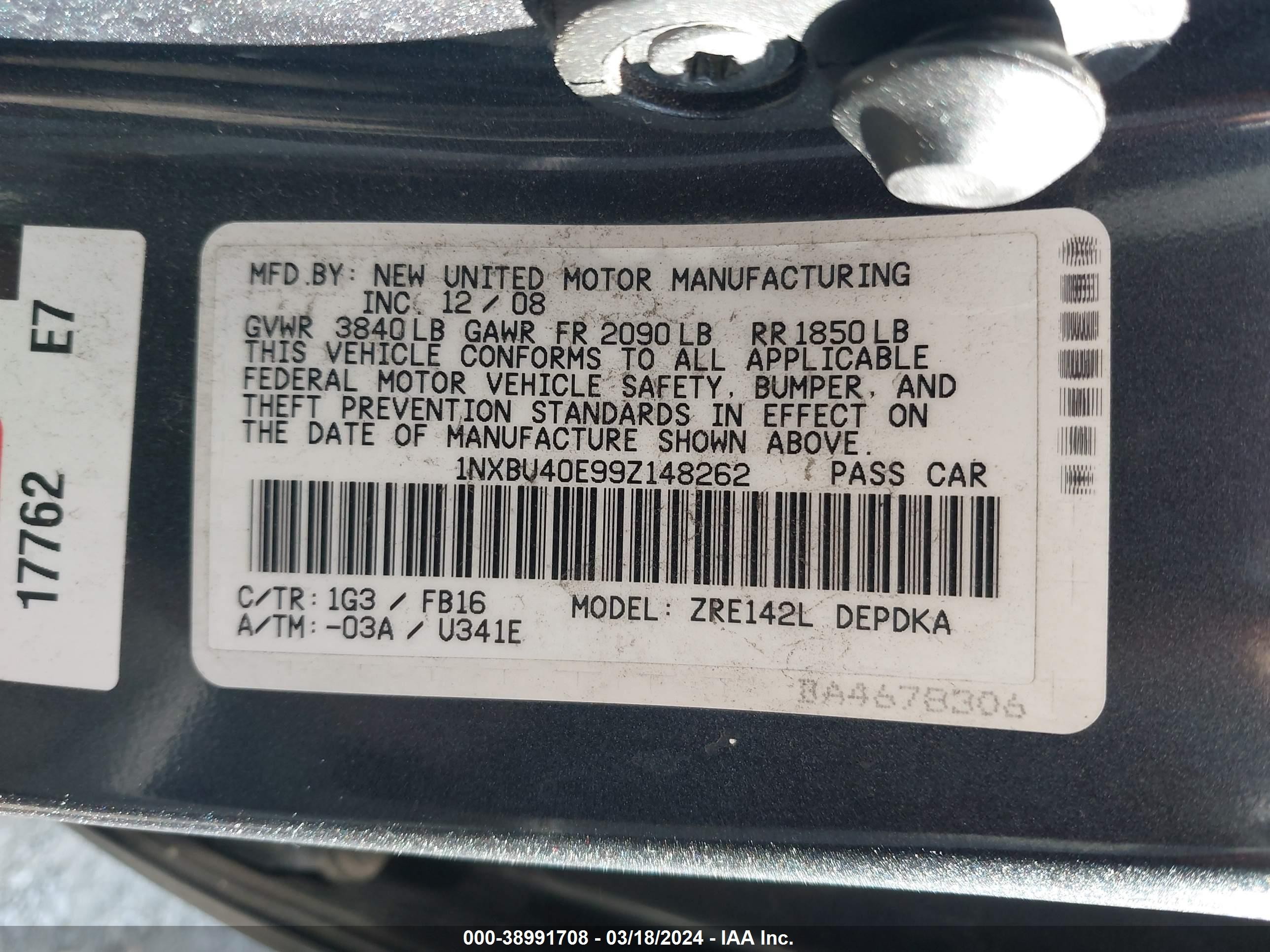 Photo 8 VIN: 1NXBU40E99Z148262 - TOYOTA COROLLA 