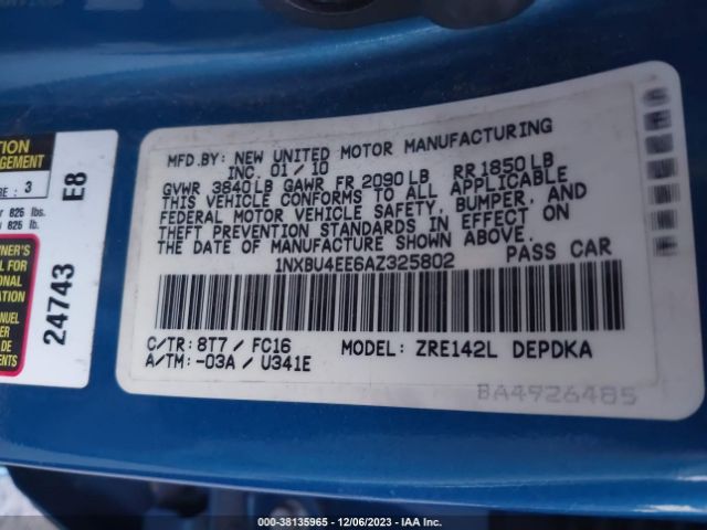 Photo 8 VIN: 1NXBU4EE6AZ325802 - TOYOTA COROLLA 