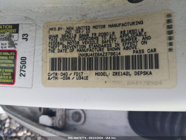 Photo 8 VIN: 1NXBU4EE6AZ378614 - TOYOTA COROLLA 