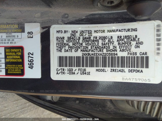 Photo 8 VIN: 1NXBU4EEXAZ205694 - TOYOTA COROLLA 