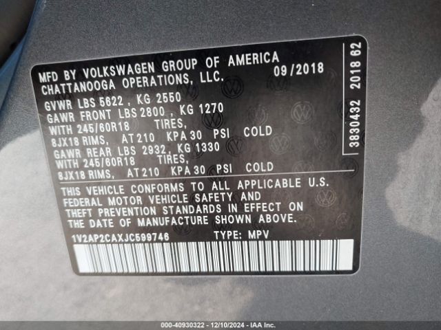 Photo 8 VIN: 1V1AP2CAXJC599746 - VOLKSWAGEN ATLAS 