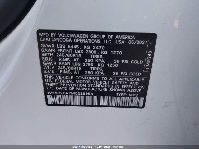 Photo 8 VIN: 1V2AC2CA7MC229953 - VOLKSWAGEN ATLAS CROSS SPORT 