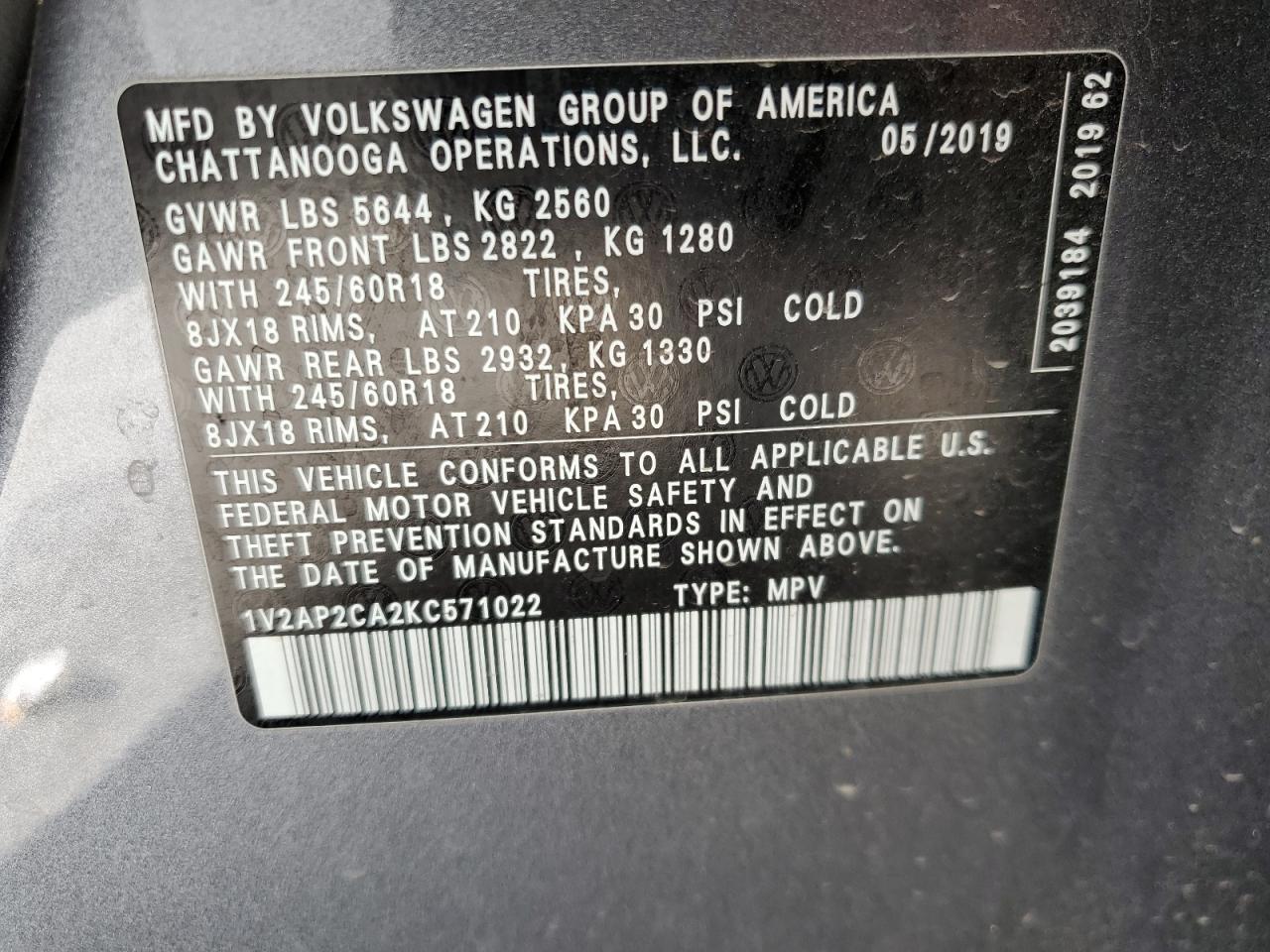 Photo 12 VIN: 1V2AP2CA2KC571022 - VOLKSWAGEN ATLAS 