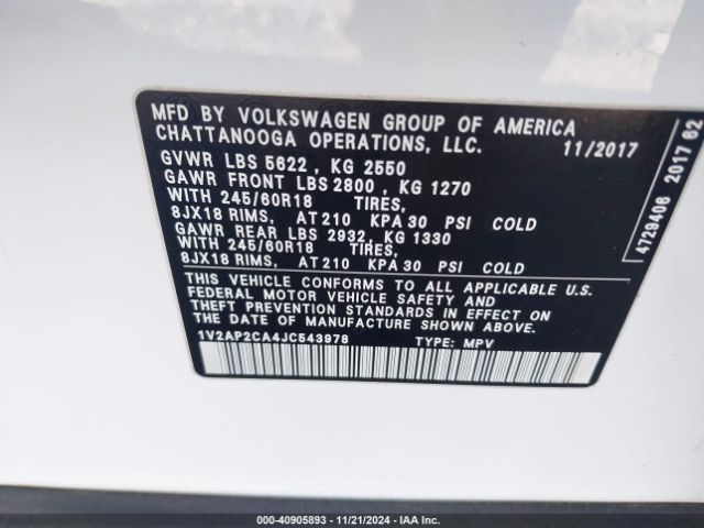 Photo 8 VIN: 1V2AP2CA4JC543978 - VOLKSWAGEN ATLAS 