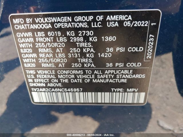 Photo 8 VIN: 1V2AR2CA6NC545957 - VOLKSWAGEN ATLAS 