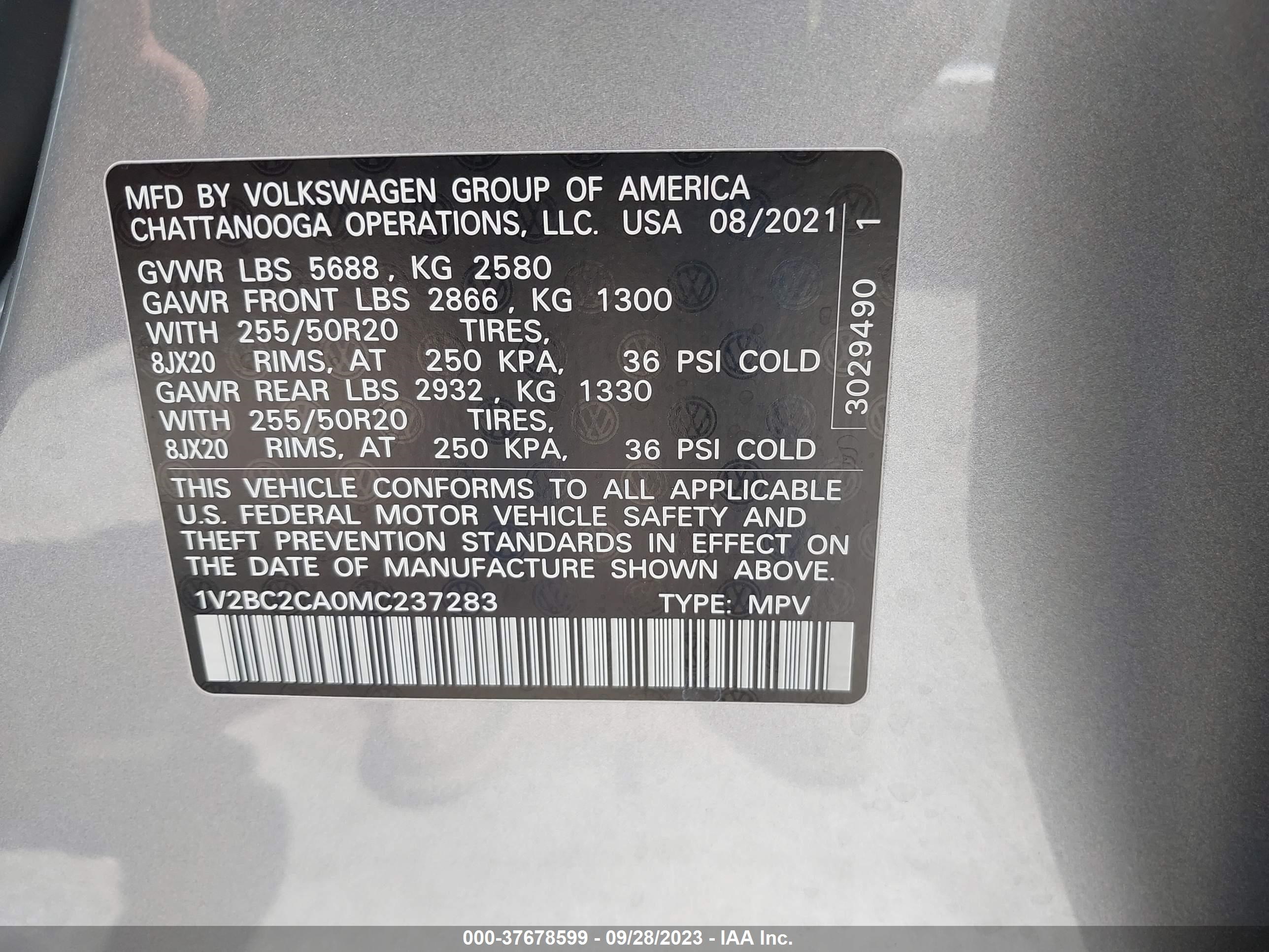 Photo 8 VIN: 1V2BC2CA0MC237283 - VOLKSWAGEN ATLAS CROSS SPORT 