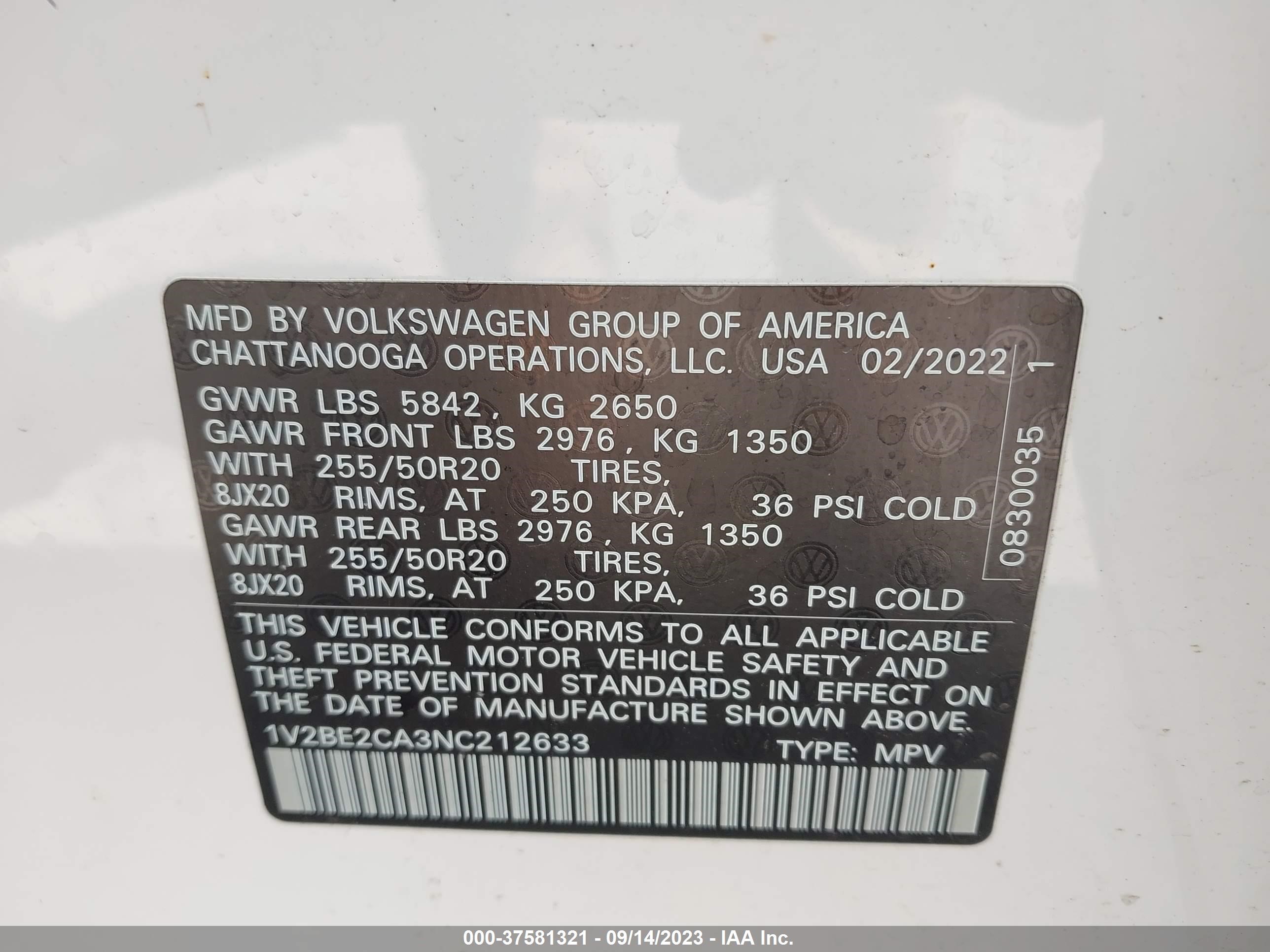 Photo 8 VIN: 1V2BE2CA3NC212633 - VOLKSWAGEN ATLAS CROSS SPORT 