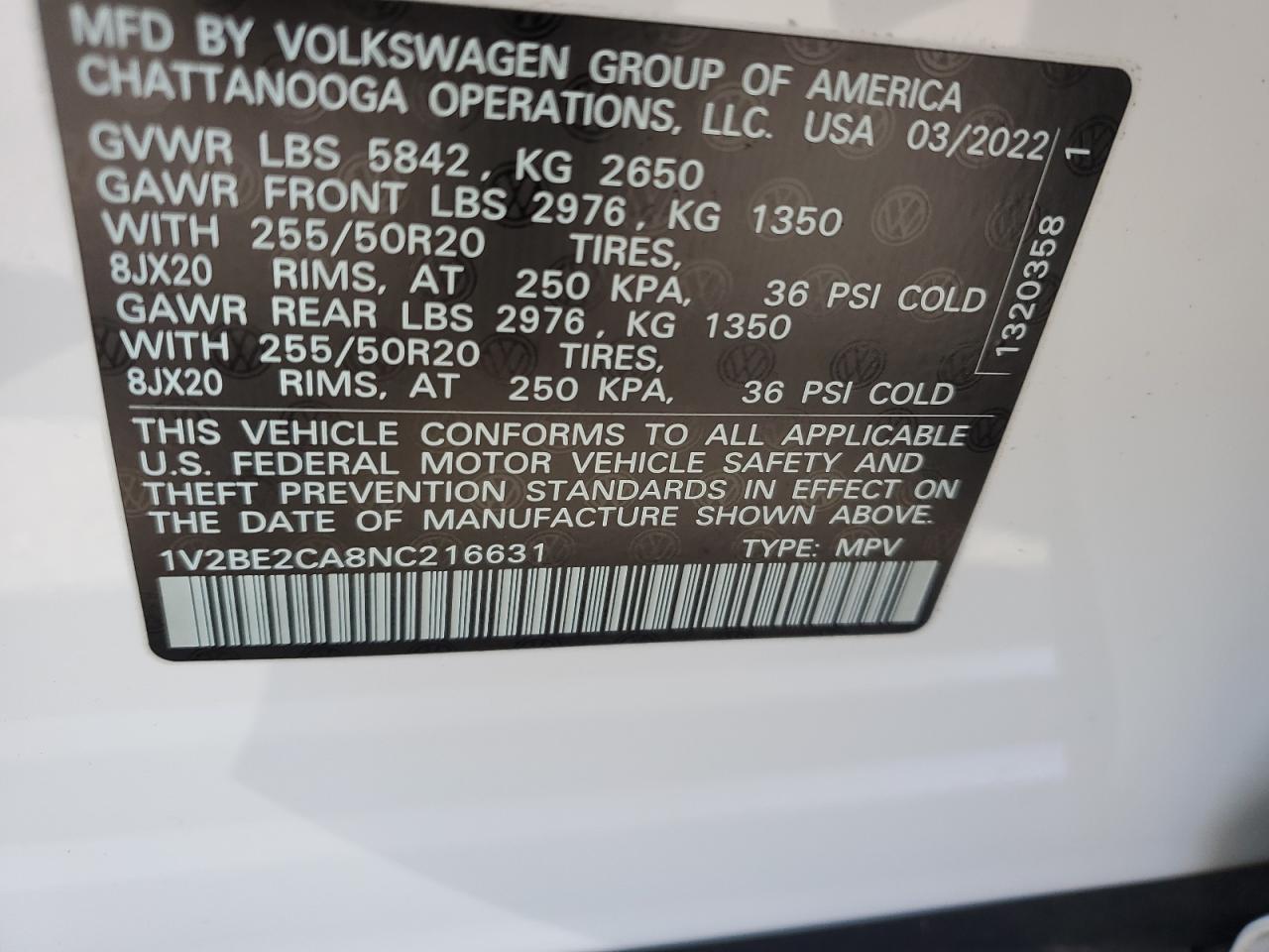 Photo 12 VIN: 1V2BE2CA8NC216631 - VOLKSWAGEN ATLAS 