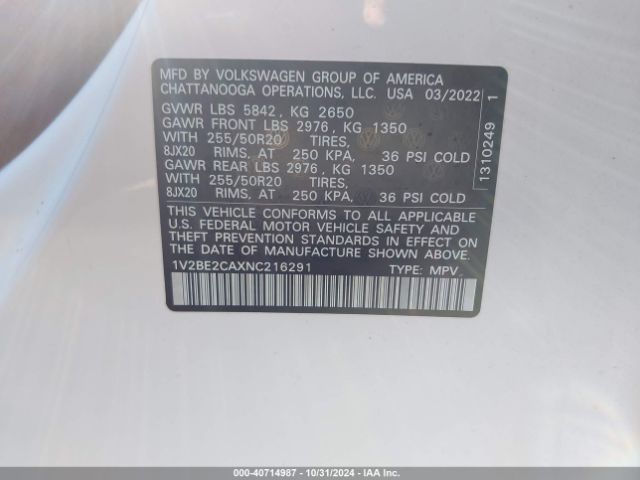 Photo 8 VIN: 1V2BE2CAXNC216291 - VOLKSWAGEN ATLAS CROSS SPORT 