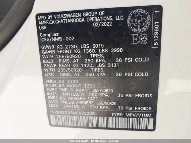 Photo 8 VIN: 1V2BR2CA3NC522205 - VOLKSWAGEN ATLAS 