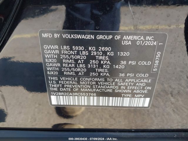 Photo 8 VIN: 1V2BR2CA3RC553766 - VOLKSWAGEN ATLAS 