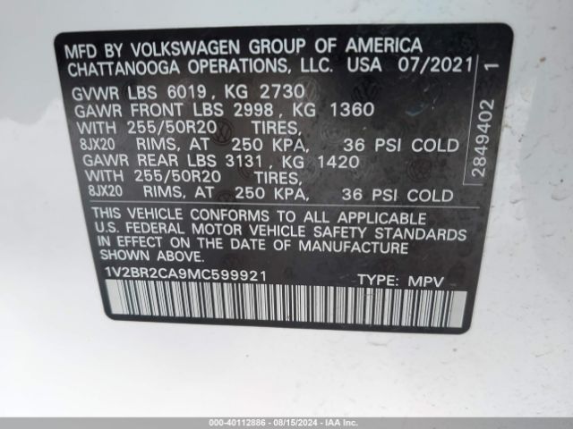 Photo 8 VIN: 1V2BR2CA9MC599921 - VOLKSWAGEN ATLAS 