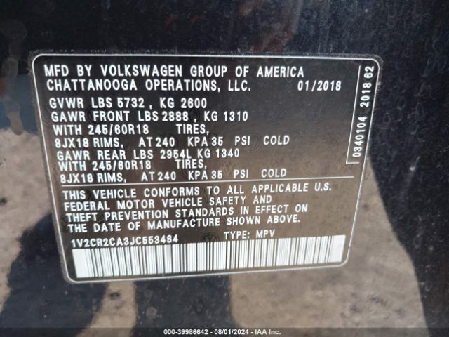 Photo 8 VIN: 1V2CR2CA3JC553484 - VOLKSWAGEN ATLAS 