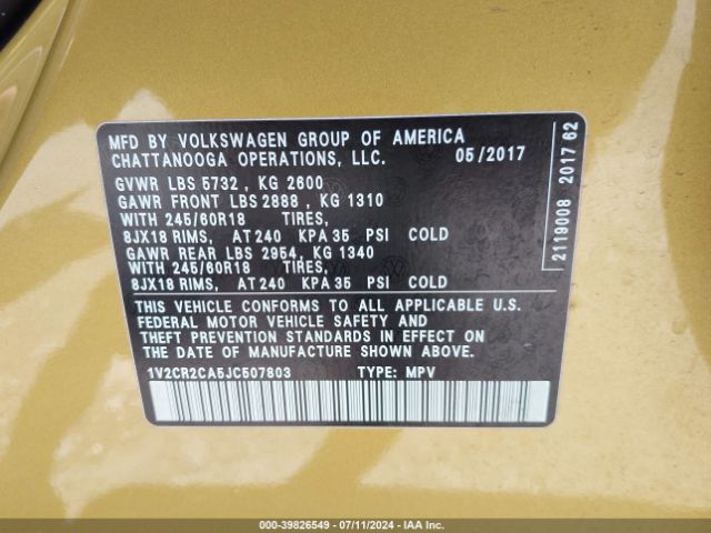 Photo 8 VIN: 1V2CR2CA5JC507803 - VOLKSWAGEN ATLAS 